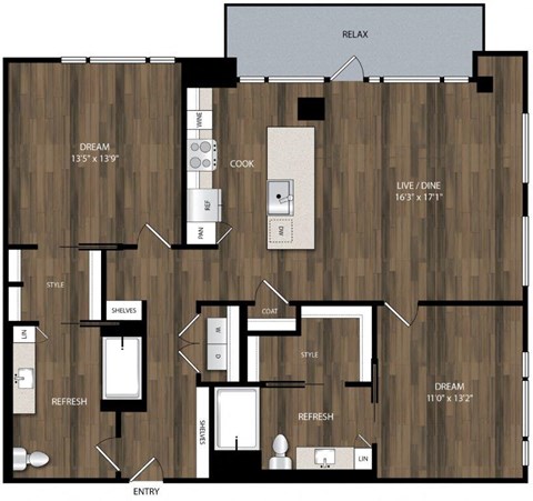 Floor plan for 2 beds, 2 baths, 1331 sqft